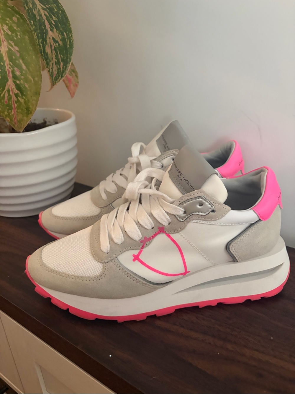 Philippe Model Paris White Gray Neon Pink Running Sneakers EU 35